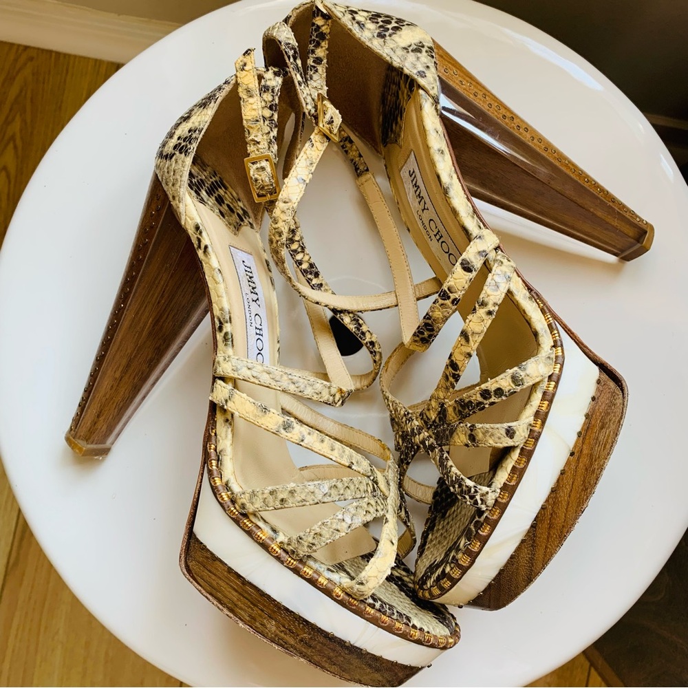 Vintage Jimmy Choo Snakeskin, Wood and Perspex Heels